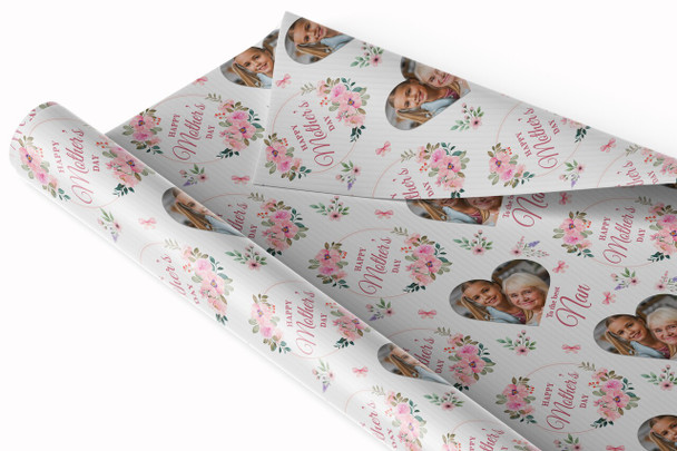 Personalised Wrapping Paper Mother's Day Nan Pink Floral Heart Photo Gift Wrap