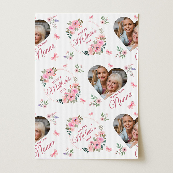 Personalised Wrapping Paper Mother's Day Nanna Pink Flower Heart Photo Gift Wrap