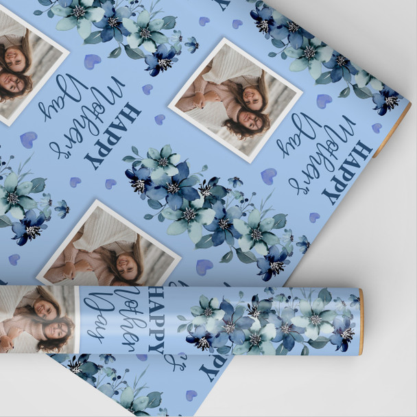Personalised Wrapping Paper Mother's Day Photo Blue Flowers Heart Gift Wrap