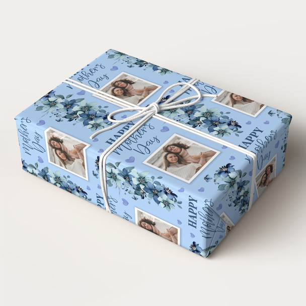 Personalised Wrapping Paper Mother's Day Photo Blue Flowers Heart Gift Wrap