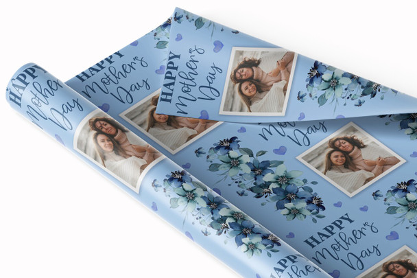 Personalised Wrapping Paper Mother's Day Photo Blue Flowers Heart Gift Wrap