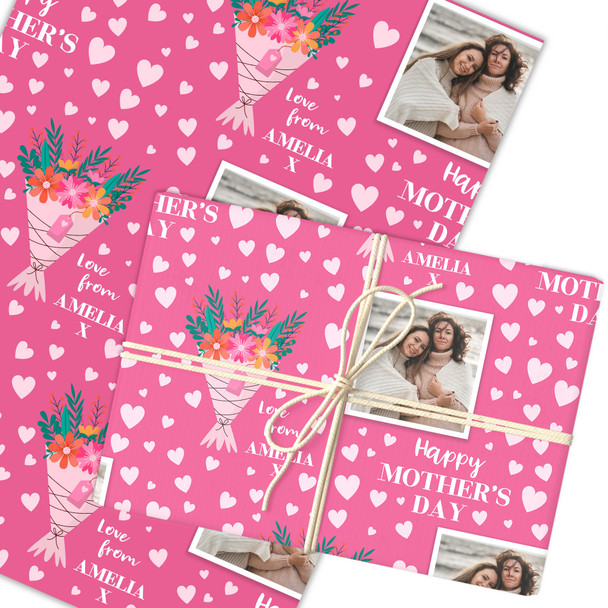 Personalised Wrapping Paper Mother's Day Photo Pink Heart Flowers Gift Wrap