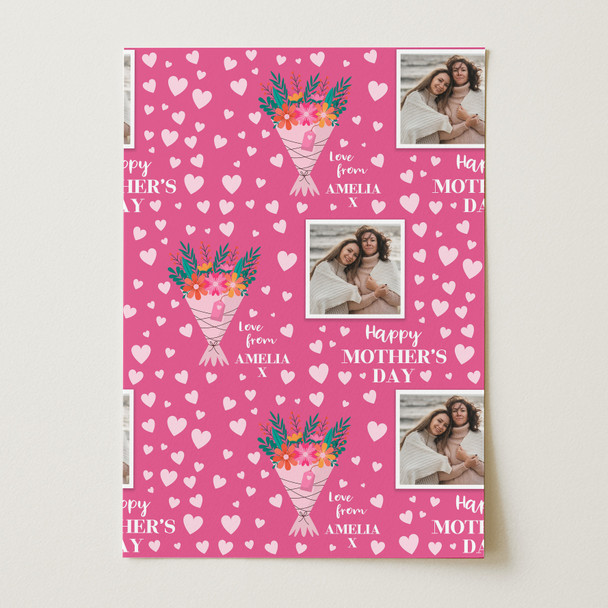 Personalised Wrapping Paper Mother's Day Photo Pink Heart Flowers Gift Wrap