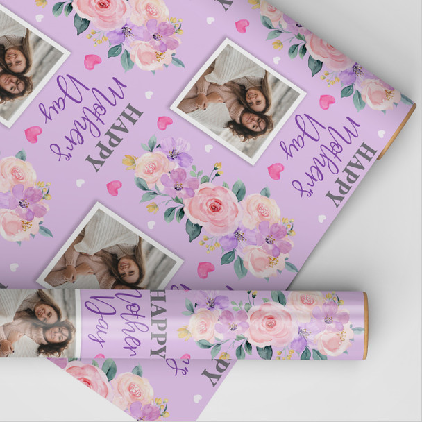 Personalised Wrapping Paper Mother's Day Photo Purple Flowers Heart Gift Wrap