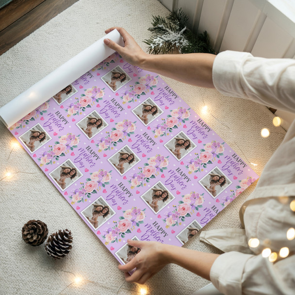 Personalised Wrapping Paper Mother's Day Photo Purple Flowers Heart Gift Wrap