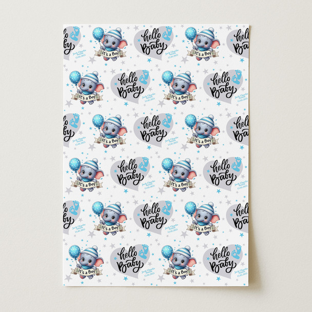 Personalised Wrapping Paper New Baby Boy Blue Elephant Hello Custom Gift Wrap