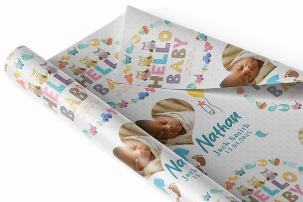 Personalised Wrapping Paper New Baby Boy Blue Hello Photo Custom Gift Wrap