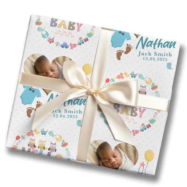 Personalised Wrapping Paper New Baby Boy Blue Hello Photo Custom Gift Wrap