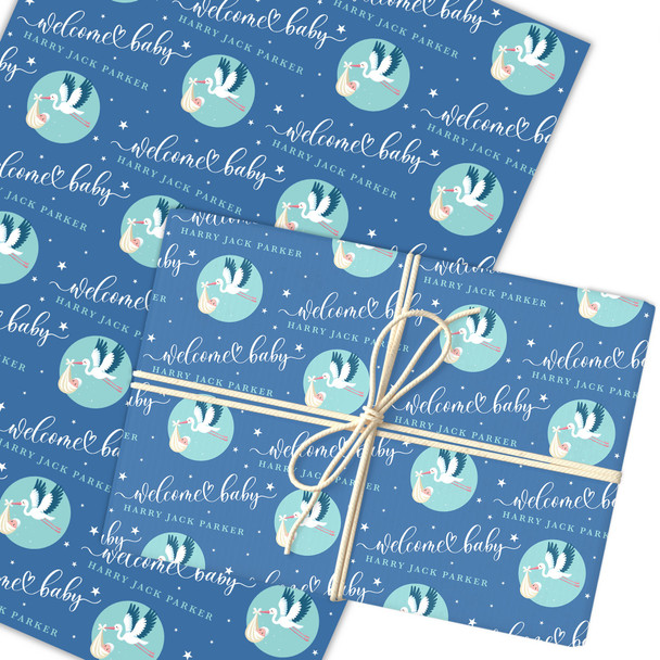 Personalised Wrapping Paper New Baby Boy Blue Stork Custom Gift Wrap