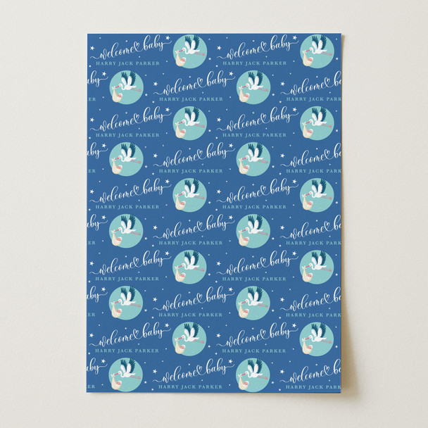 Personalised Wrapping Paper New Baby Boy Blue Stork Custom Gift Wrap
