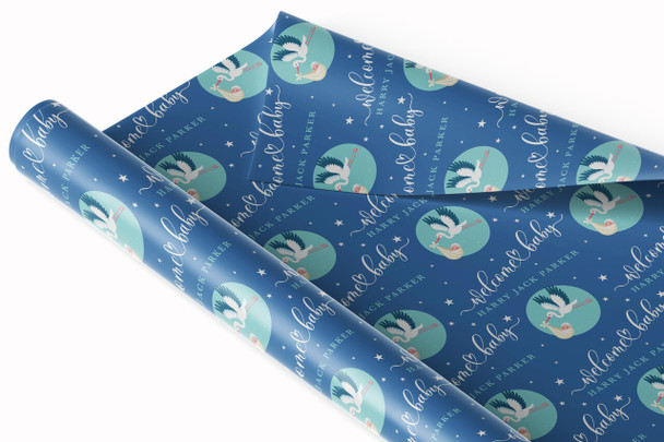 Personalised Wrapping Paper New Baby Boy Blue Stork Custom Gift Wrap