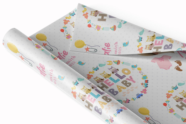 Personalised Wrapping Paper New Baby Girl Pink Hello Heart Photo Gift Wrap