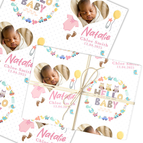 Personalised Wrapping Paper New Baby Girl Pink Hello Photo Custom Gift Wrap