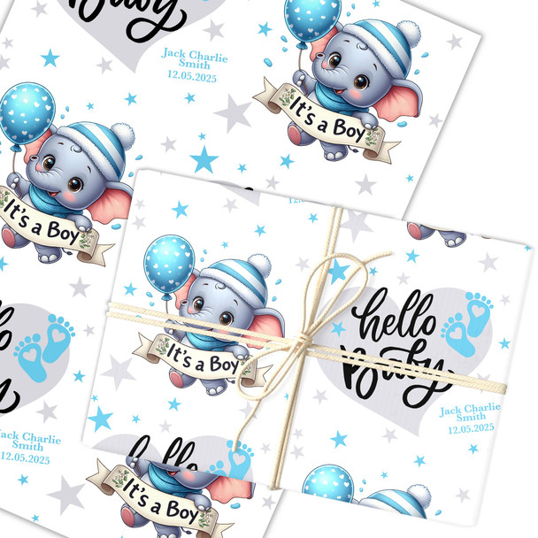 Personalised Wrapping Paper New Baby Blue Baby Boy Elephant Hello Gift Wrap