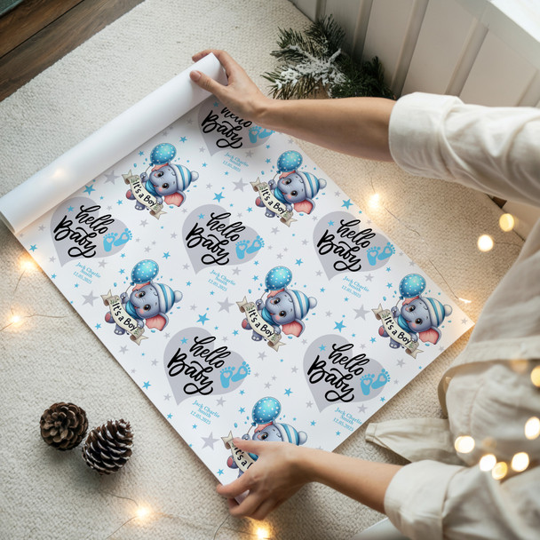 Personalised Wrapping Paper New Baby Blue Baby Boy Elephant Hello Gift Wrap