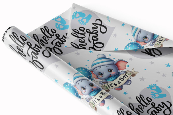 Personalised Wrapping Paper New Baby Blue Baby Boy Elephant Hello Gift Wrap