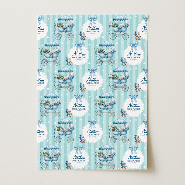 Personalised Wrapping Paper New Baby Blue Baby Boy Pram Custom Gift Wrap