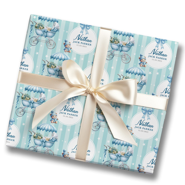 Personalised Wrapping Paper New Baby Blue Baby Boy Pram Custom Gift Wrap