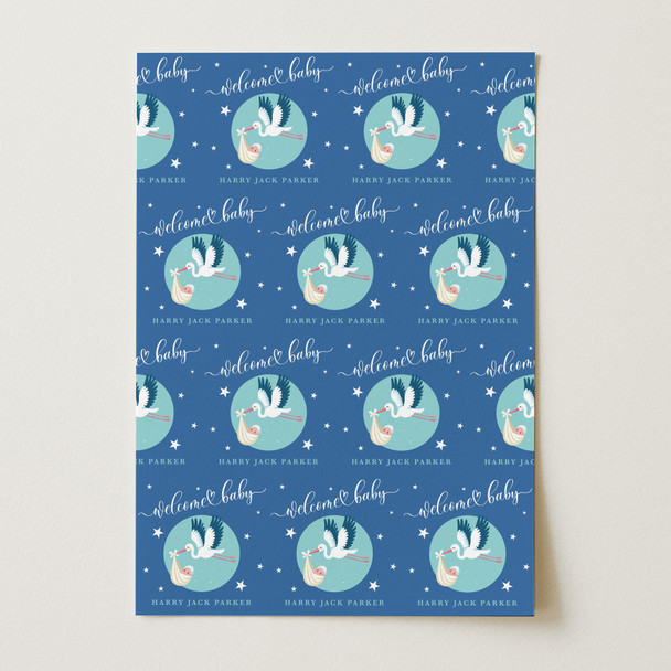 Personalised Wrapping Paper New Baby Blue Baby Boy Stork Custom Gift Wrap