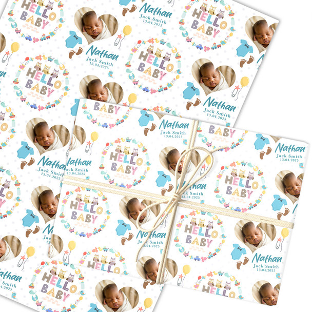 Personalised Wrapping Paper New Baby Blue Boy Hello Baby Heart Photo Gift Wrap