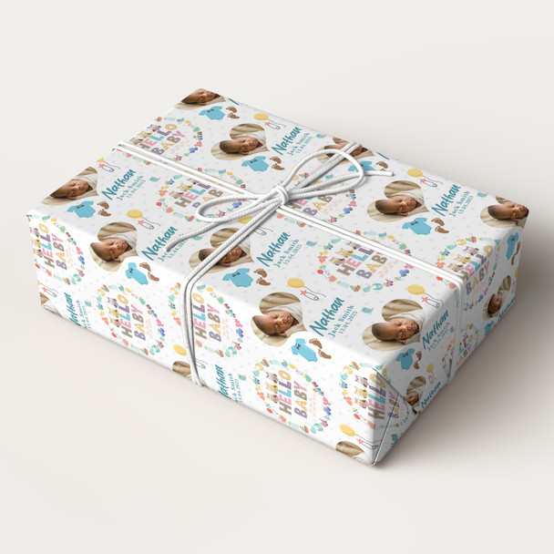 Personalised Wrapping Paper New Baby Blue Boy Hello Baby Heart Photo Gift Wrap