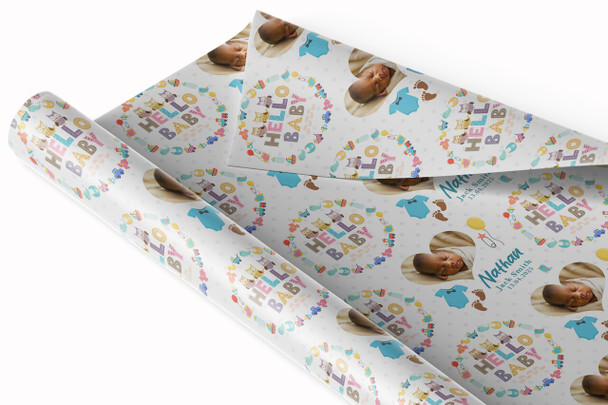 Personalised Wrapping Paper New Baby Blue Boy Hello Baby Heart Photo Gift Wrap