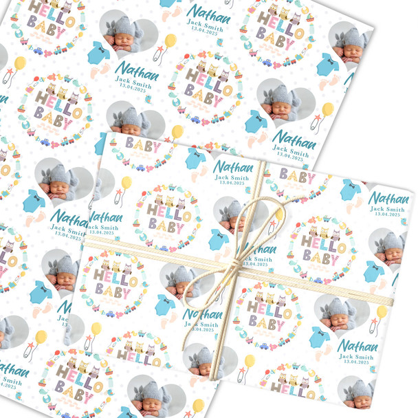 Personalised Wrapping Paper New Baby Blue Baby Boy Heart Photo Feet Gift Wrap