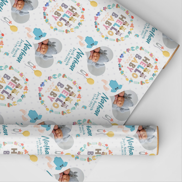 Personalised Wrapping Paper New Baby Blue Baby Boy Heart Photo Feet Gift Wrap