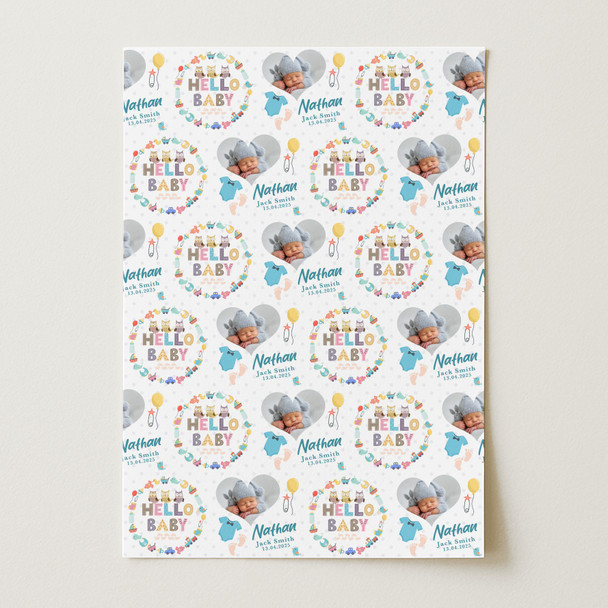 Personalised Wrapping Paper New Baby Blue Baby Boy Heart Photo Feet Gift Wrap