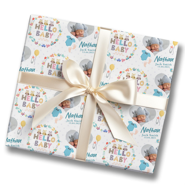 Personalised Wrapping Paper New Baby Blue Baby Boy Heart Photo Feet Gift Wrap