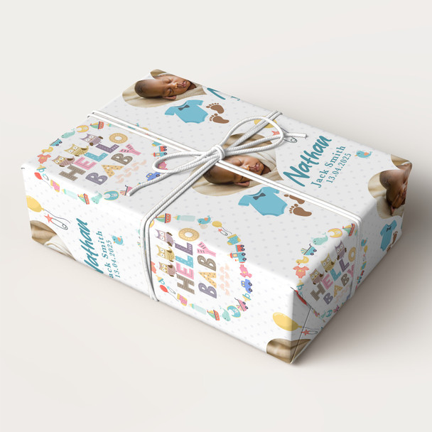 Personalised Wrapping Paper New Baby Blue Hello Baby Boy Photo Custom Gift Wrap