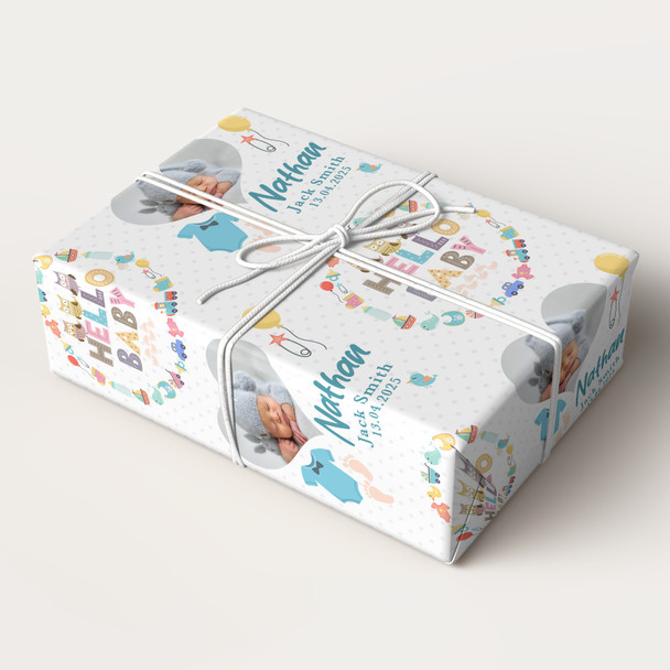 Personalised Wrapping Paper New Baby Blue Hello Heart Photo Baby Boy Gift Wrap