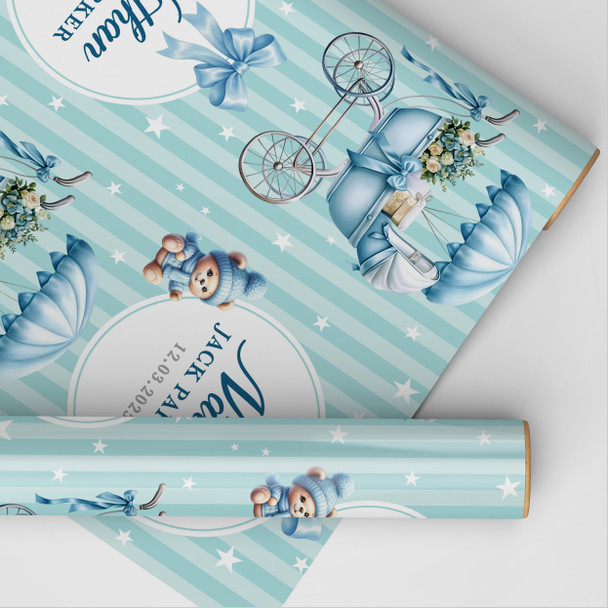 Personalised Wrapping Paper New Baby Blue Retro Baby Boy Pram Custom Gift Wrap