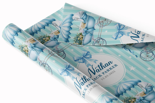 Personalised Wrapping Paper New Baby Blue Retro Baby Boy Pram Custom Gift Wrap