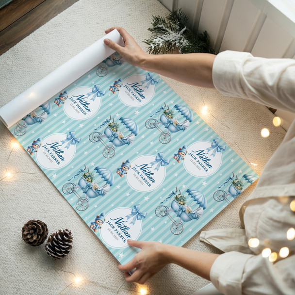 Personalised Wrapping Paper New Baby Blue Retro Baby Boy Custom Gift Wrap