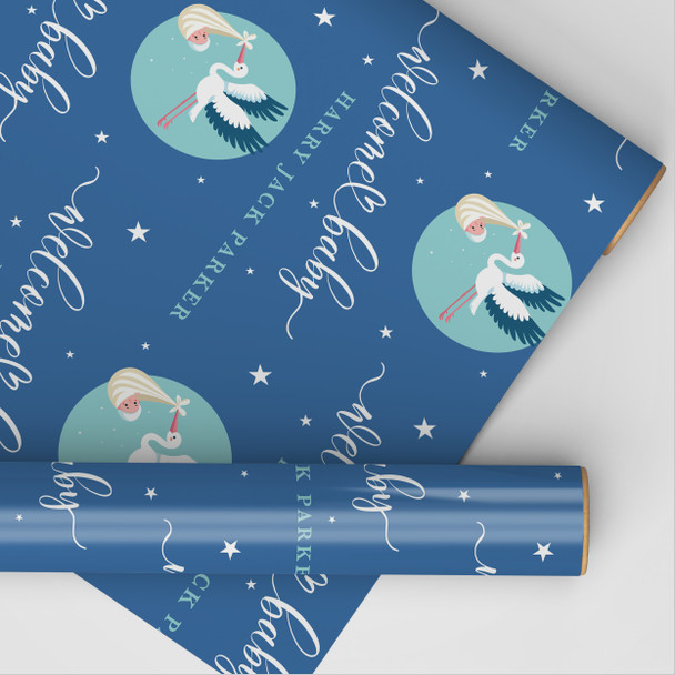 Personalised Wrapping Paper New Baby Blue Stork Baby Boy Custom Gift Wrap