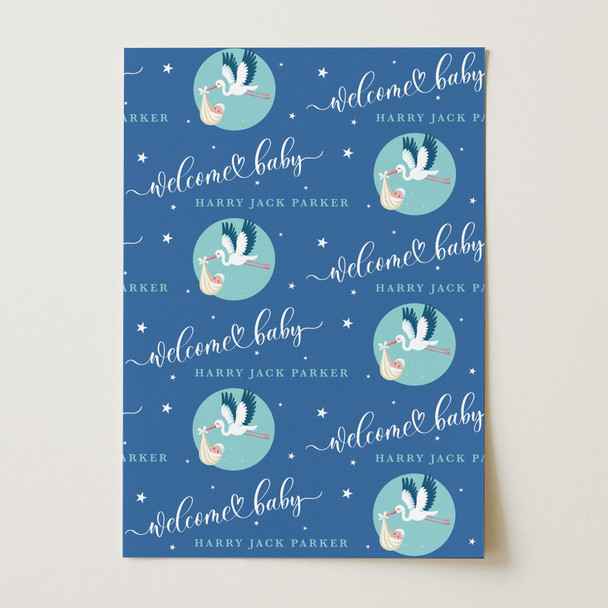 Personalised Wrapping Paper New Baby Blue Stork Baby Boy Custom Gift Wrap