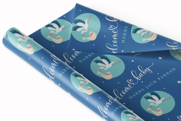 Personalised Wrapping Paper New Baby Blue Stork Baby Boy Custom Gift Wrap