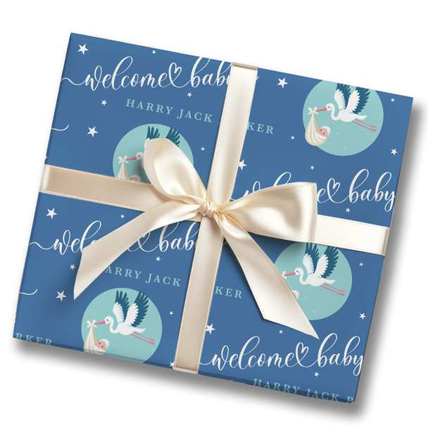 Personalised Wrapping Paper New Baby Blue Stork Baby Boy Custom Gift Wrap