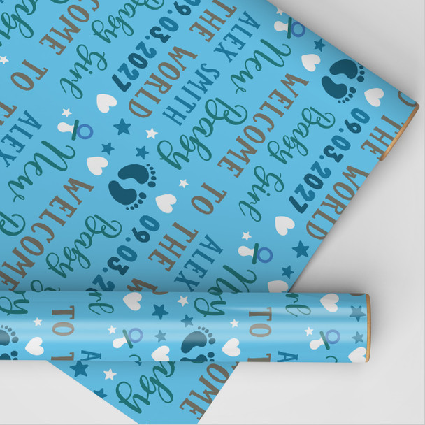 Personalised Wrapping Paper New Baby Boy Blue Footprints Custom Gift Wrap