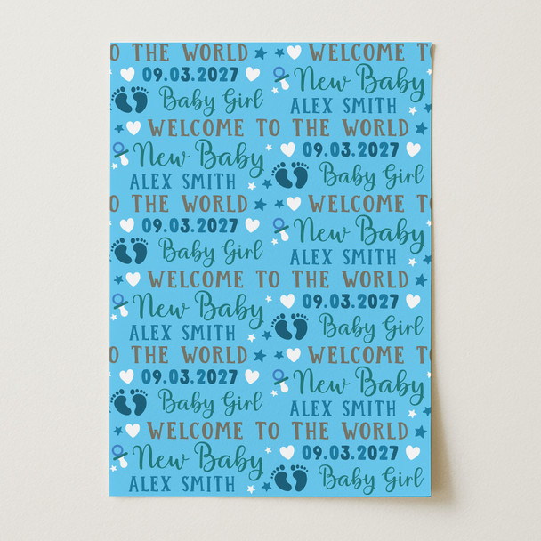 Personalised Wrapping Paper New Baby Boy Blue Footprints Custom Gift Wrap