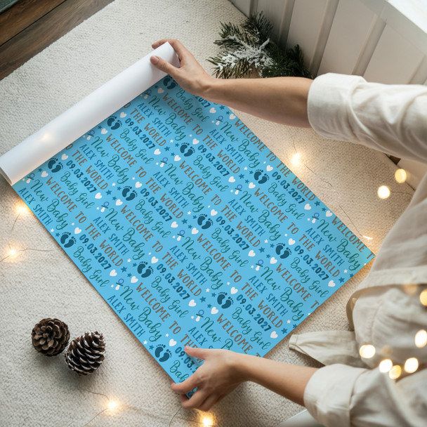 Personalised Wrapping Paper New Baby Boy Blue Footprints Custom Gift Wrap