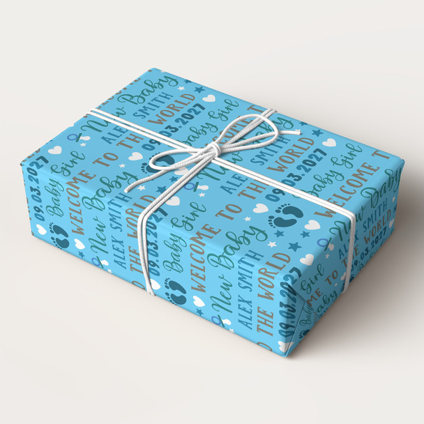 Personalised Wrapping Paper New Baby Boy Blue Footprints Custom Gift Wrap