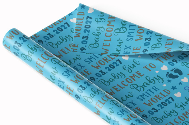 Personalised Wrapping Paper New Baby Boy Blue Footprints Custom Gift Wrap