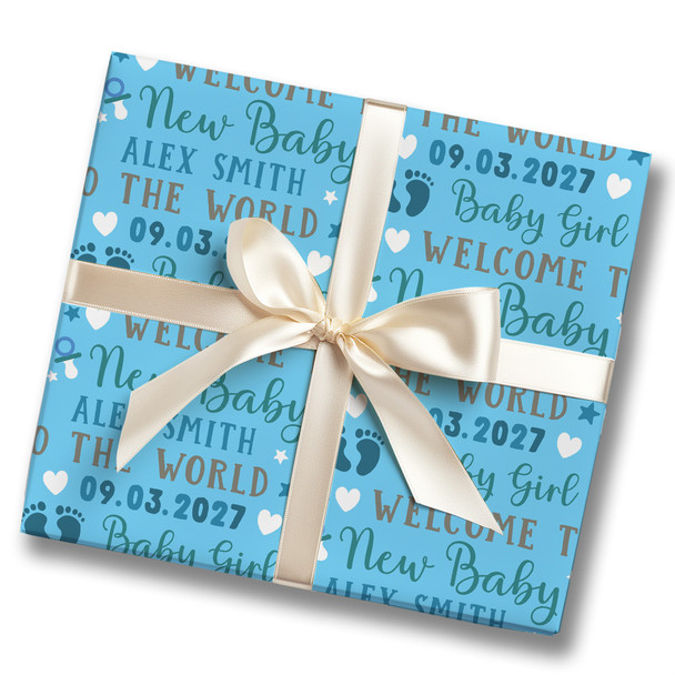 Personalised Wrapping Paper New Baby Boy Blue Footprints Custom Gift Wrap