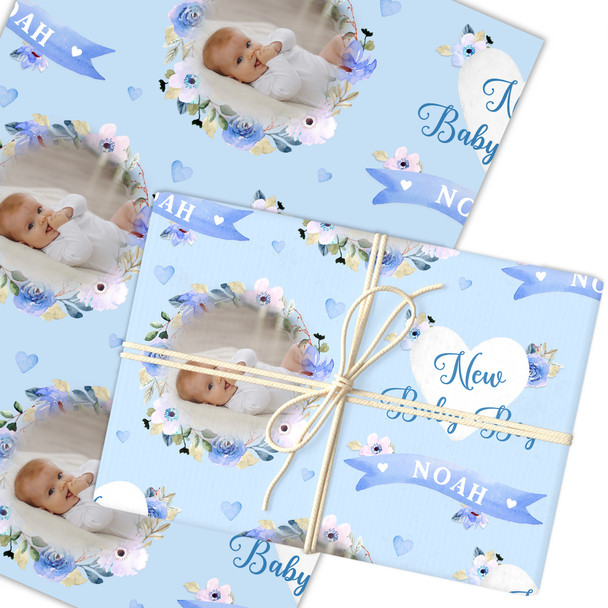 Personalised Wrapping Paper New Baby Boy Photo Blue Flowers Banner Gift Wrap