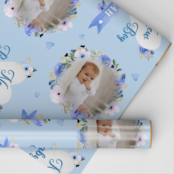 Personalised Wrapping Paper New Baby Boy Photo Blue Flowers Banner Gift Wrap