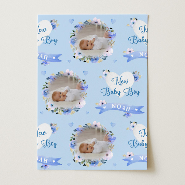 Personalised Wrapping Paper New Baby Boy Photo Blue Flowers Banner Gift Wrap