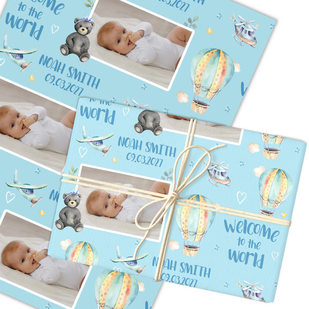Personalised Wrapping Paper New Baby Boy Photo Blue Hot Air Balloon Gift Wrap