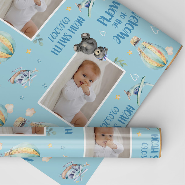 Personalised Wrapping Paper New Baby Boy Photo Blue Hot Air Balloon Gift Wrap